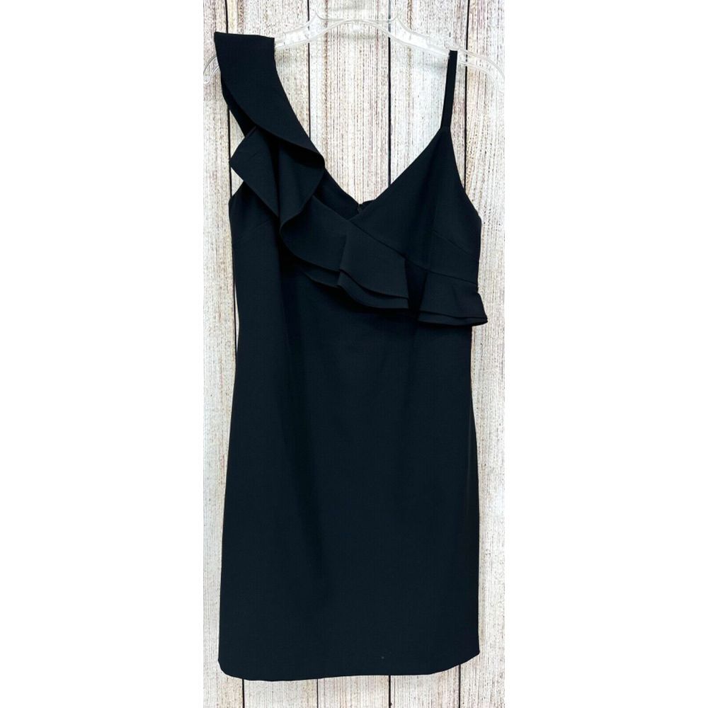 Guess Ruffle Strap Cocktail Mini Dress Size 0 Black Asymmetrical‎ V-Neck LBD